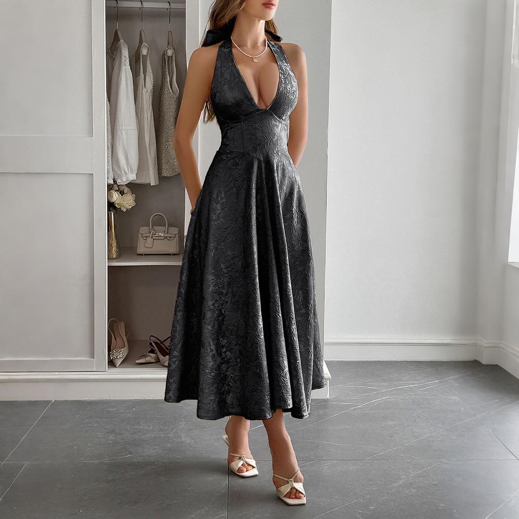 French Resort-style Halter-neck, Cinched-waist Long Dress for Women's Spring and Summer