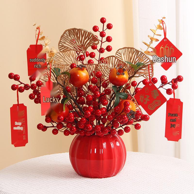 Luxurious Chinese-Style Pomegranate Fruit Arrangement: Faux Red Berries & Flowers for Living Room or Restaurant Decor