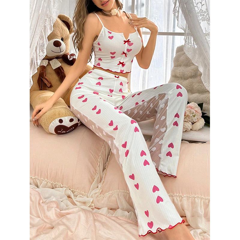 

2024 Color Block Patchwork Mesh Camisole Pajama Set with Front Slit L