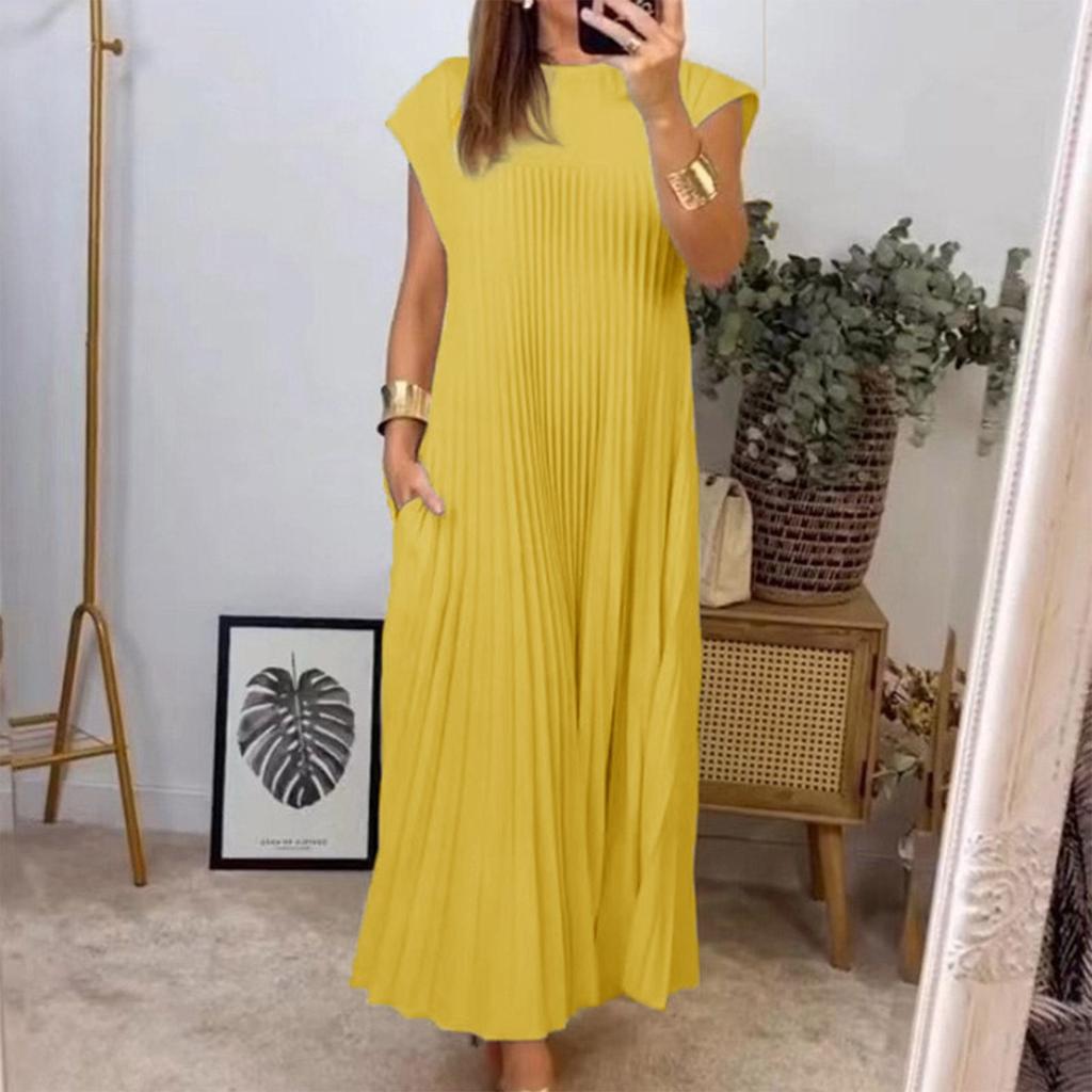 Dress Women's Fashionable Round Neck Sleeveless Pleated Long Dress