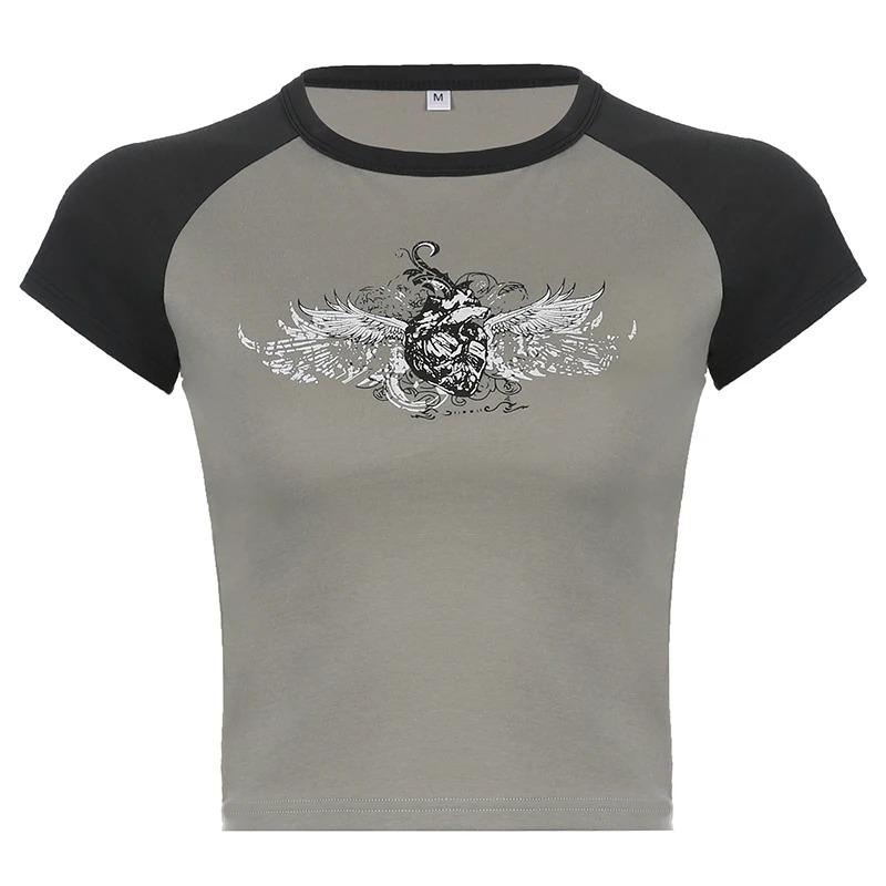 Harajuku Graphic Crop Top Stitched Short Sleeve Vintage Print T-shirt Summer Grunge 2000s T Shirts for Women Y2k Fashion