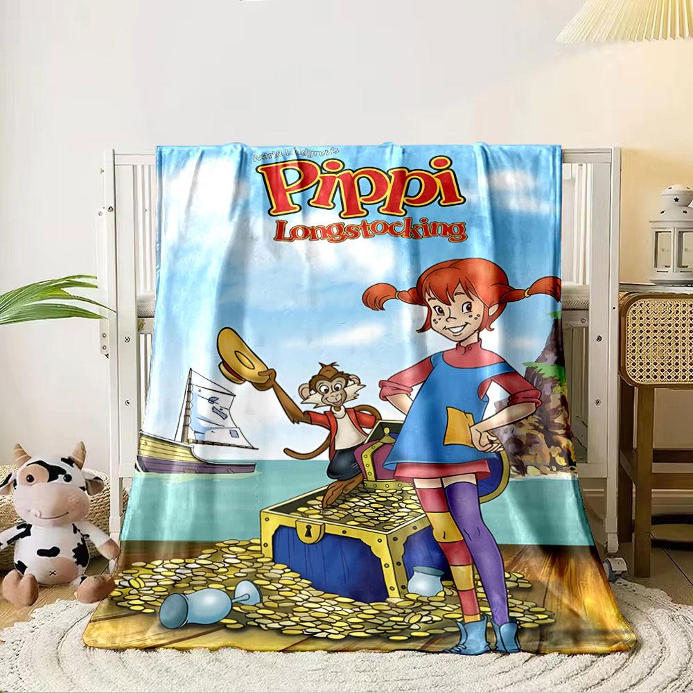 A Cheerful Red-haired Girl with Striped Stockings Stands by Treasure. for All Seasons Blanket Lunch Break Throw Gift