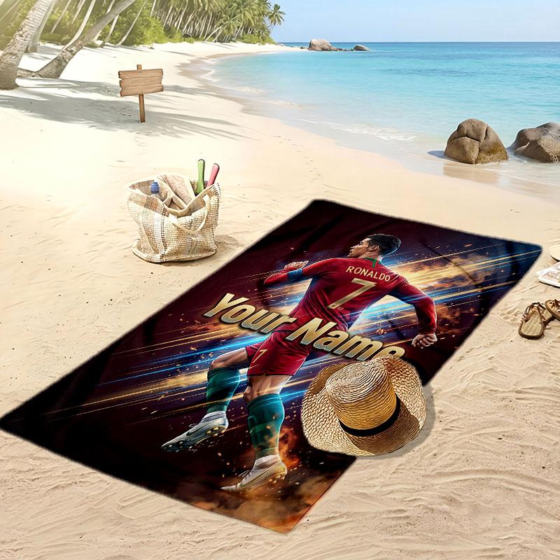 Asciugamano da Spiaggia Personalizzato Stampato Cristiano Ronaldo Logo Calcio Supporto Nome Personalizzato Testo Asciugamano Assorbente Per Sport Viaggio Regalo Speciale