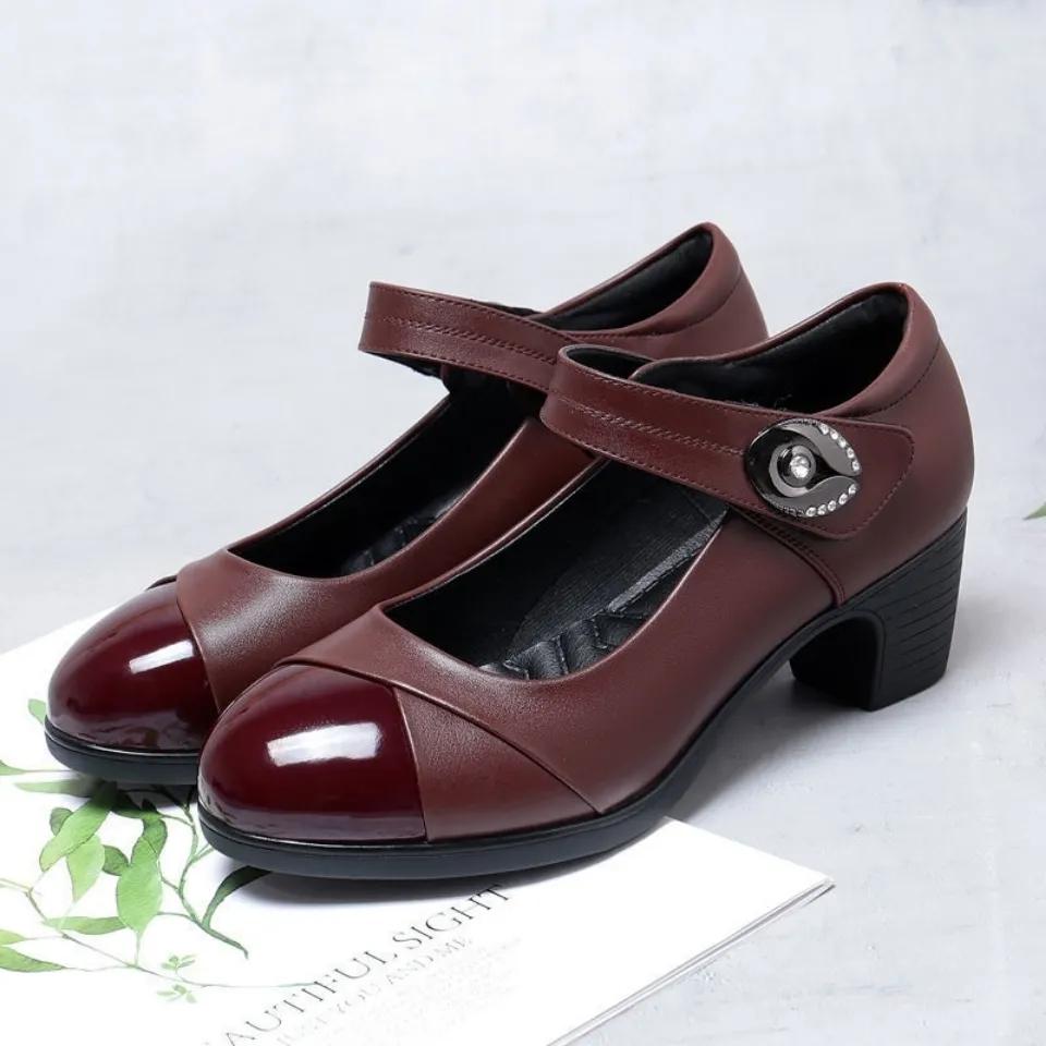 Chaussure Unique Femme Printemps et Automne Antidérapante Velcro Chaussures en Cuir Chaussures de Danse Talons Épais Chaussures de Travail