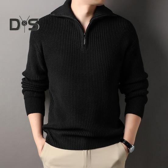 Men Fall Winter Sweater Lapel Loose Half Zipper Long Sleeves Mid Length Solid Color Retro Knitted Sweater