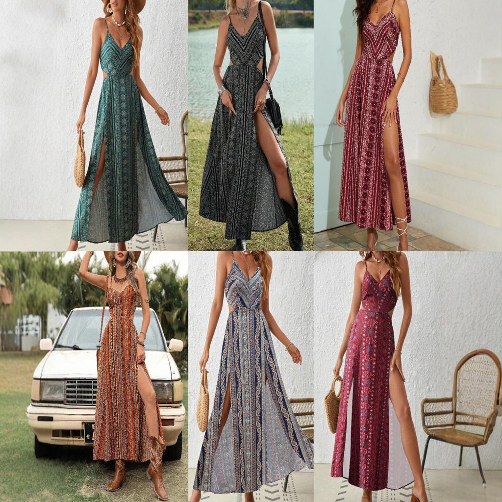 Women's V Neck Spaghetti Strap Maxi Dress Slim Fit Elastic Waist Boho Printed Cutout Side Slit Vacation Beach Dress
