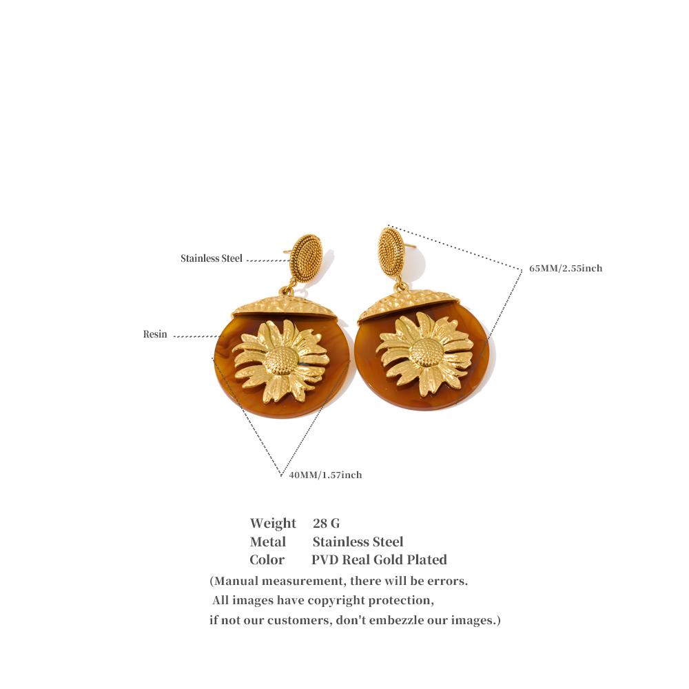 Eetit New Resin Acrylic Round Sun Flower Drop Dangle Earrings Golden Stainless Steel Autumn Winter Style Jewelry Waterproof Gift