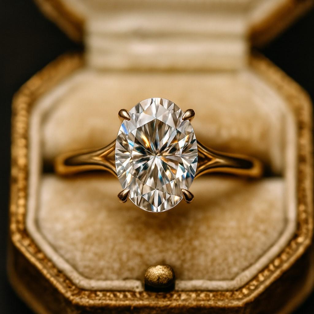 Oval Cut Cubic Zirconia Ring – Yellow Gold Plated Solitaire, Pave Split Shank, Engagement, Wedding, Promise, Anniversary Gift