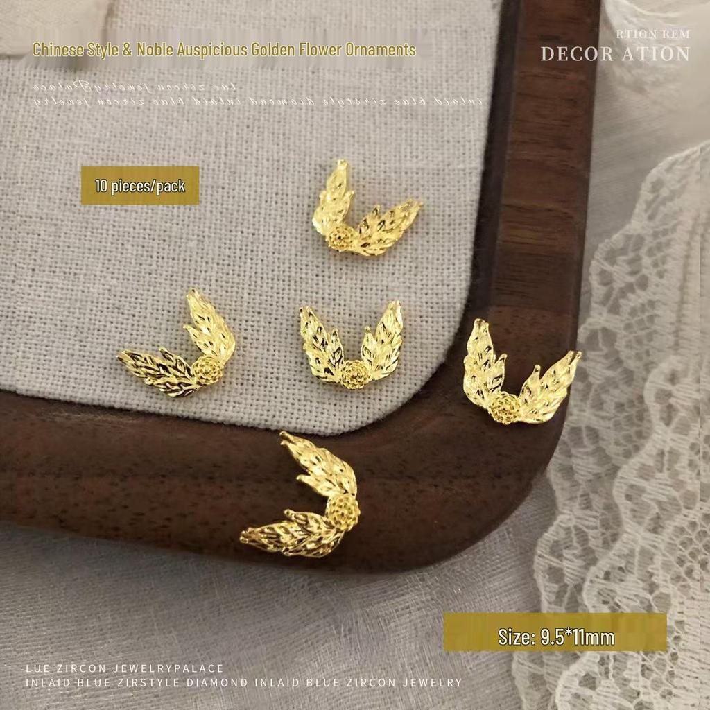 Ruyi Rich Golden Flower Nail Art Decorations: Chinese Style Jade Leaves & Golden Branches with Rhinestones
