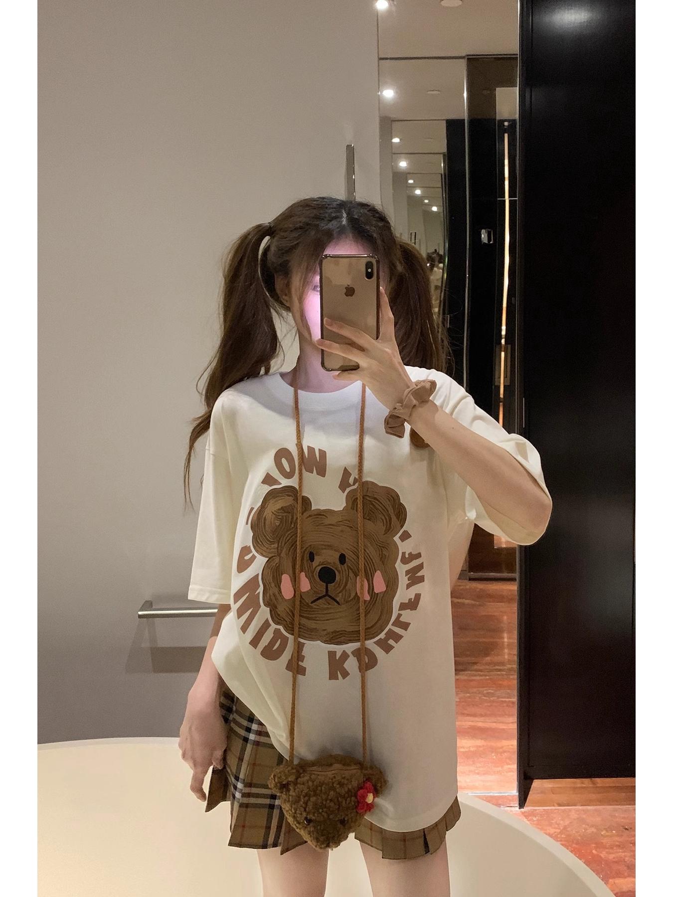 

Летняя футболка 2025 года с корейским мультяшным принтом, с коротким рукавом, со спущенным плечом, с круглым вырезом, повседневная L абрикосовый