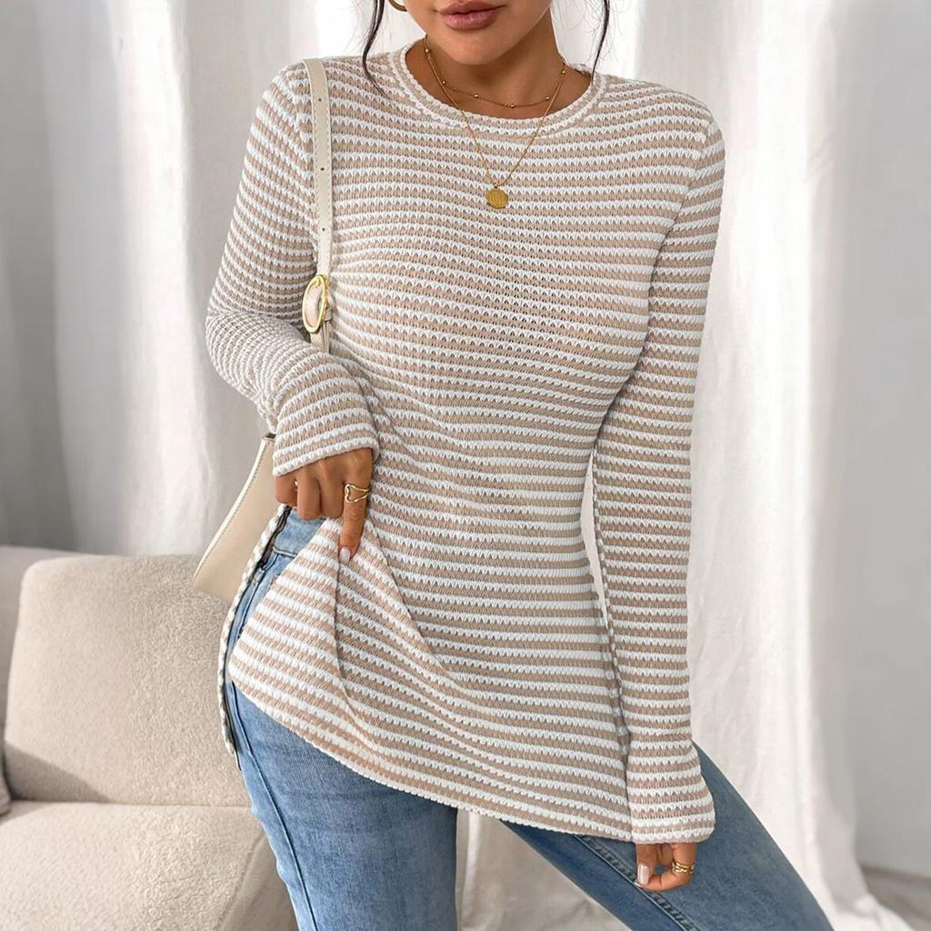 Women's Fashion Round Neck Slit Long Sleeve Color Top