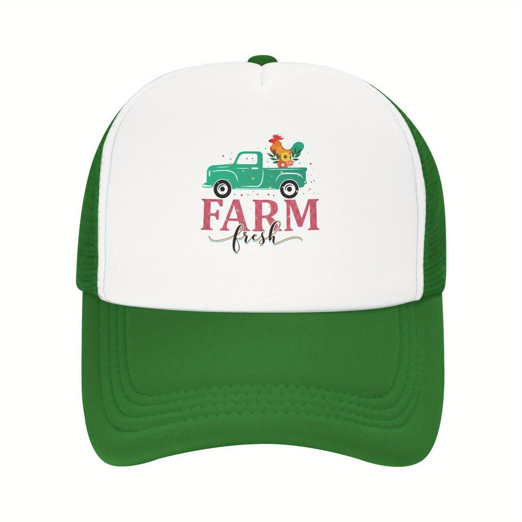 Farm Fresh Truck Rooster Graphic Trucker Hat Polyester Mesh Breathable Casual Unisex Cap