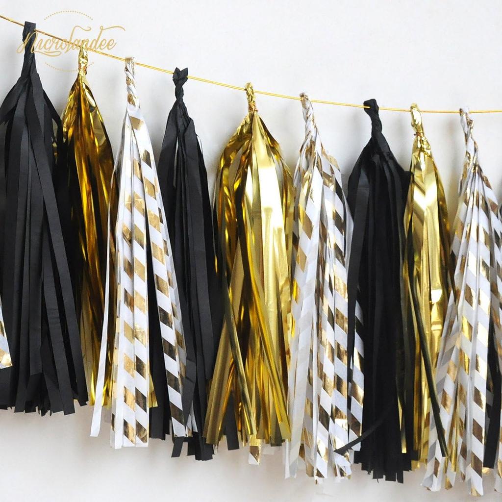 NICROLANDEE Black Gold Graduation Party Decorations, 15PCS Black Gold Tissue Paper Tassel Garland for Birthday, Wedding, Bridal Shower, Bachelorette