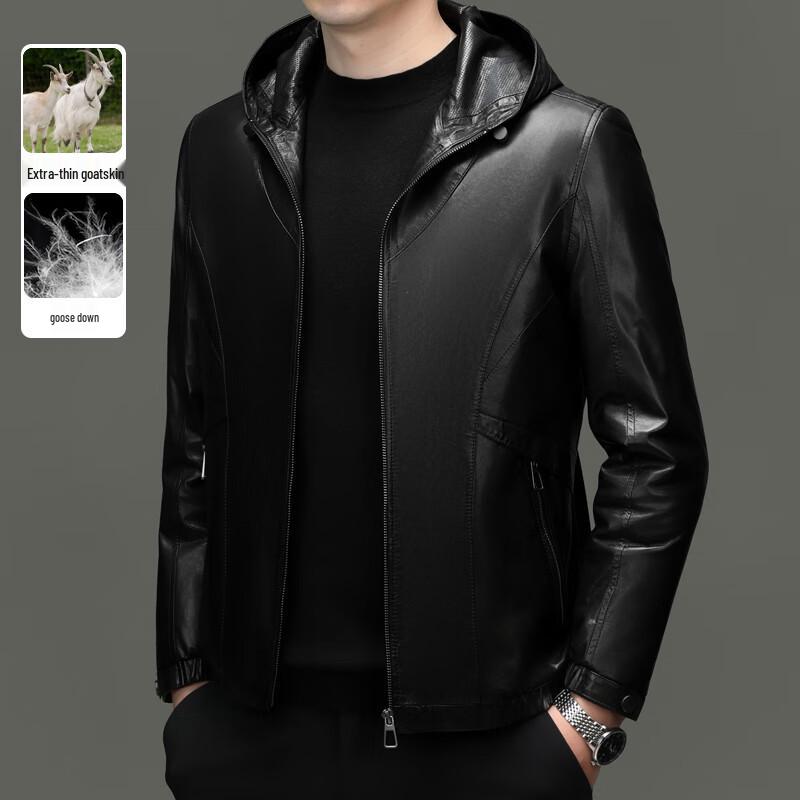 Yiliteng Men's Hooded Genuine Leather Down Jacket