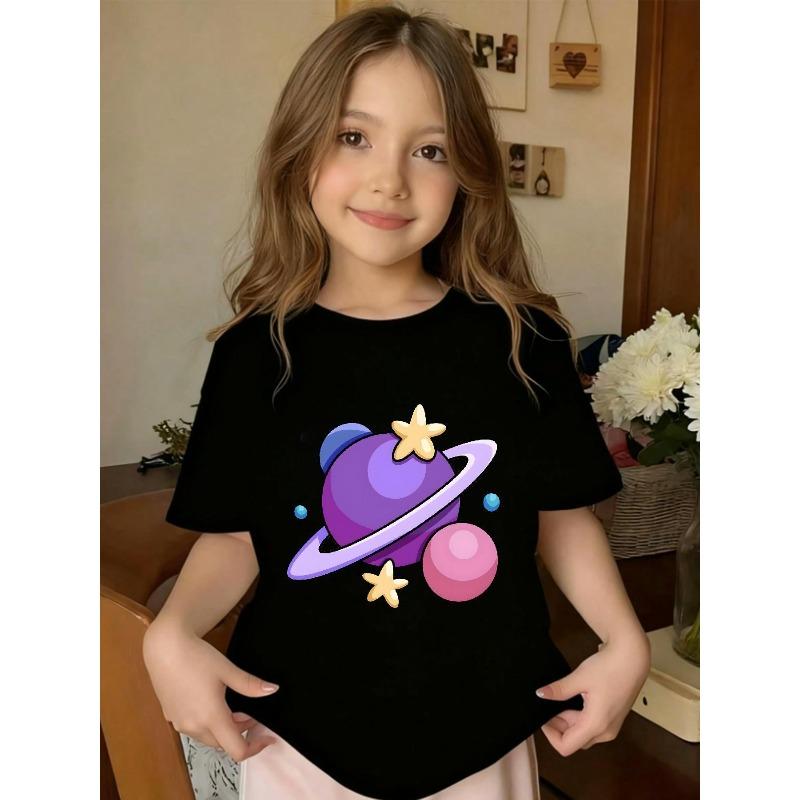 European sizes A Short-Sleeved Round Neck T-Shirt Featuring a Cartoon Planet Design, Perfect for Casual Outings And Daily Wear for Girls