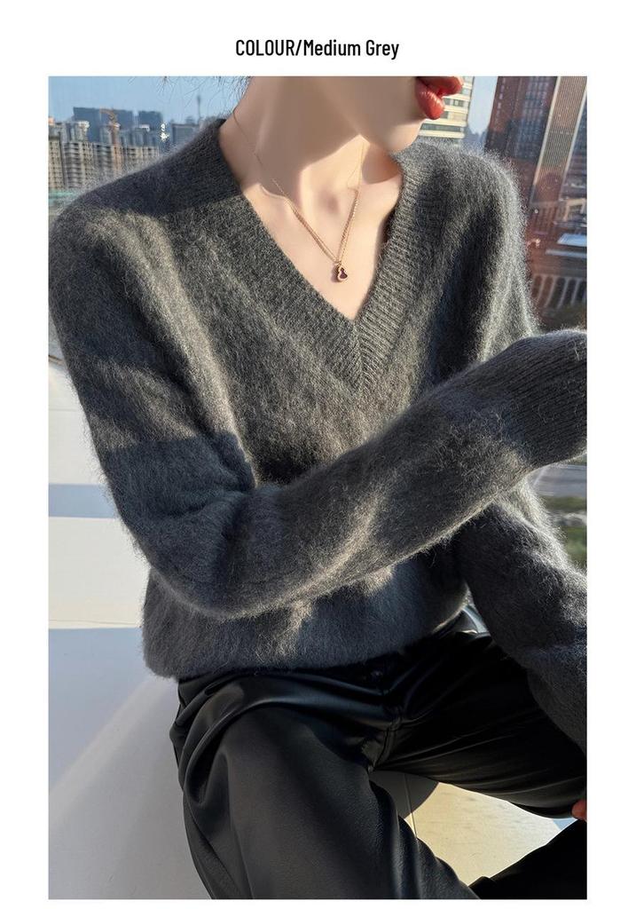 Lekasha 100% Cashmere V-Neck Loose Knit Sweater for Women - Solid Color Winter Base Layer Top