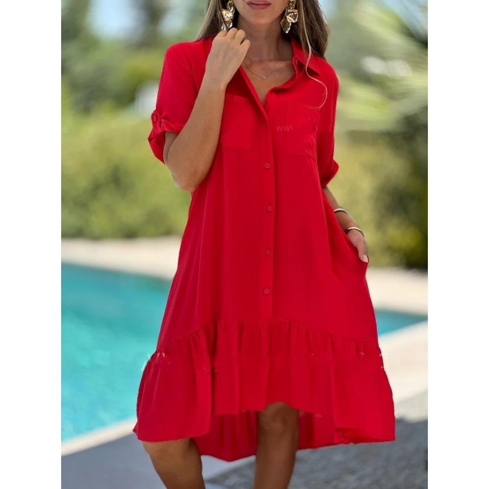 

Однотонное повседневное платье с подолом, лацканами и карманом S