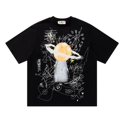American Retro, Abstract Planet Printing Short-sleeved T-shirt Summer Loose Half-sleeved Men's and Women's Couples' Versatile Top