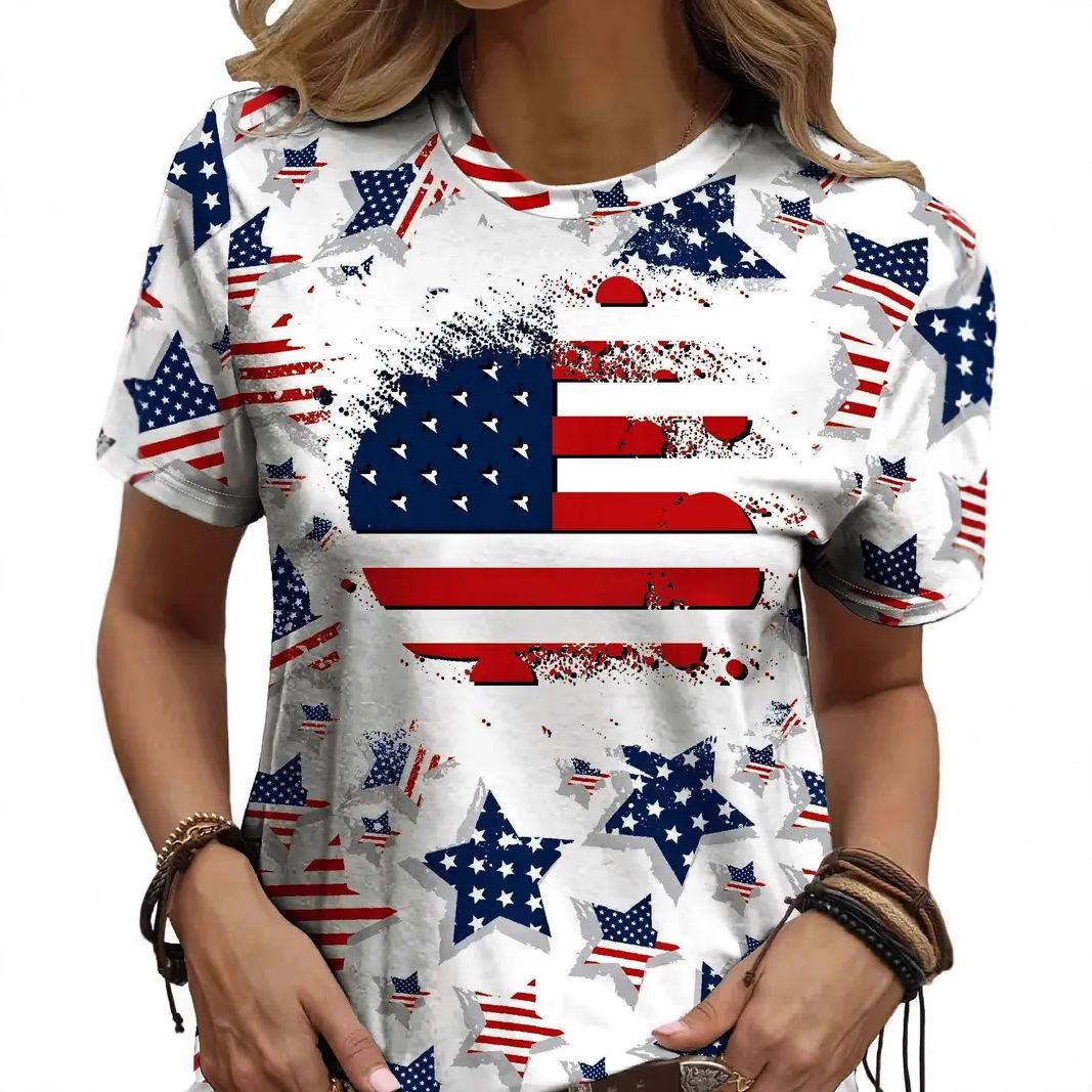 

Summer Round Neck 3D Print Top Fashionable Casual Short Sleeved Women s T-shirts XS