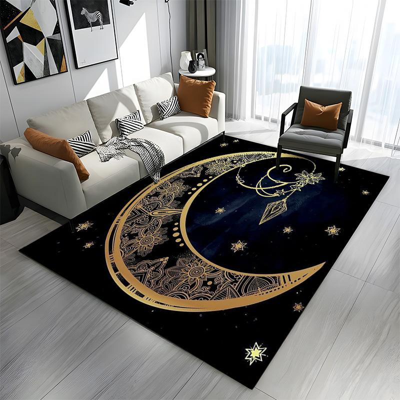 Golden Ornate Moon with Stars Design Patterned carpet a non slip rug suitable for all seasons and any setting, gift
