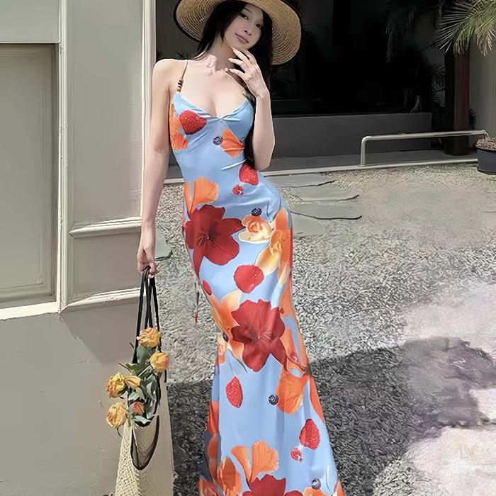 Island Vacation Style Printed Camisole Dress for Women, New Dopamine Style, Sexy Backless Body-hugging Dress