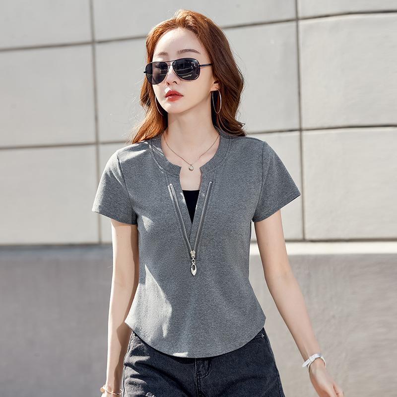 

Women s Summer Slimming Fishbone Design Feeling Short Sleeved Short Top 3XL зелений