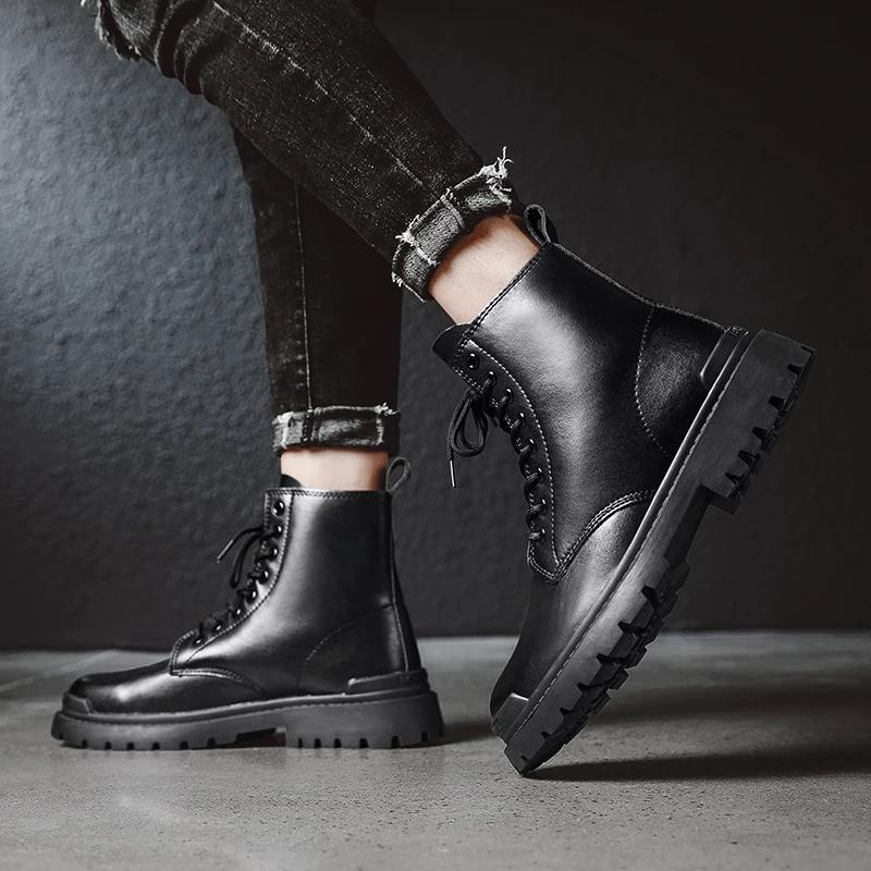 Fashion Lace-Up Men Winter Plush Snow Boots 2024 New All-match Male Boots Outdoor Men's Low Top Basic Shoes Leather Motorcycle Boots