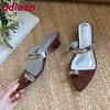 Fashion Fashion Metal Women Low Heel Slippers Shoes Shallow Female Slides Pointed Toe Ladies Heeled Slippers Shoes Sandals Flip flops