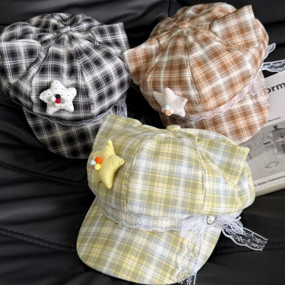 Sun Protection Plaid Octagonal Cap Stars Lace Decor Artist Hat Cute Berets Women's Fashion