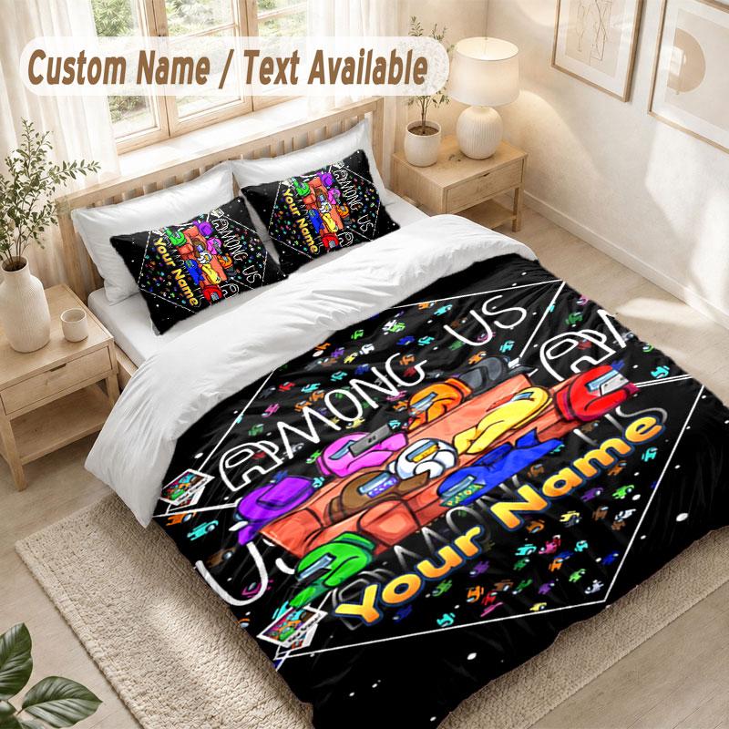 Custom Name Bedding Set 3 PiecesAmong Us Print Duvet Cover + 2 Pillowcases Soft Bed Decor