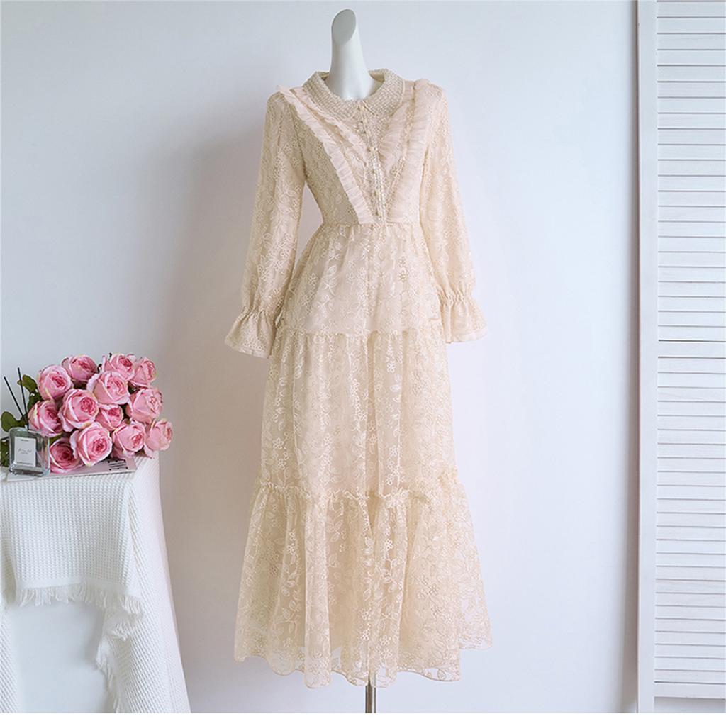 Women's Peter Pan Collar Lace Embroidery Midi Dress Luxury Beaded Crystal Costumes Ruffled Splice Button Front Slim A‑Line Dress