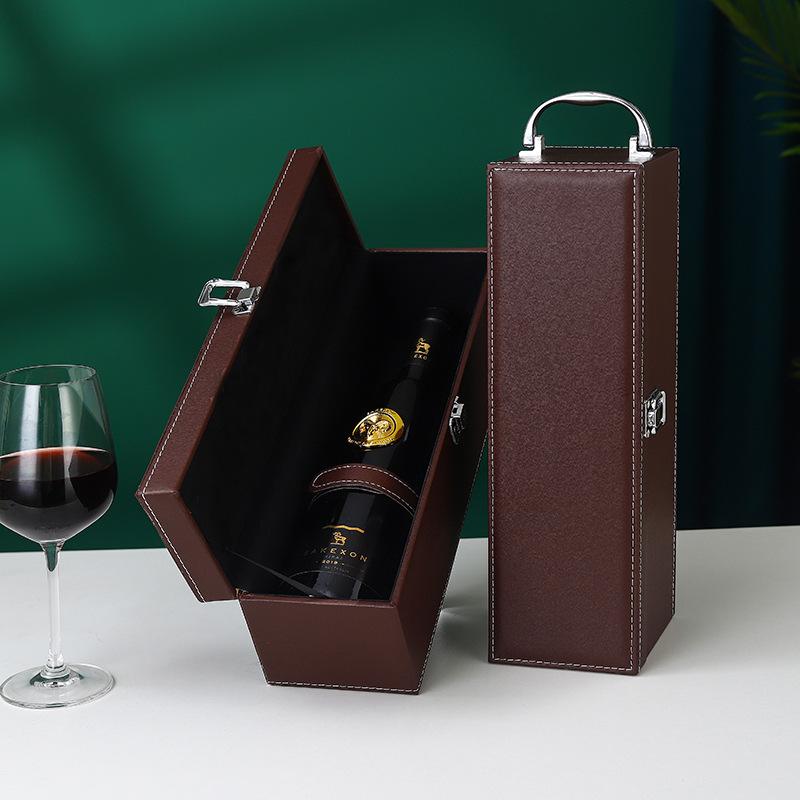 Classic PU Leather Single Red Wine Holder Luxury Ring Paper Cutter Seahorse Knife Pourer Wooden Packing Box Gift