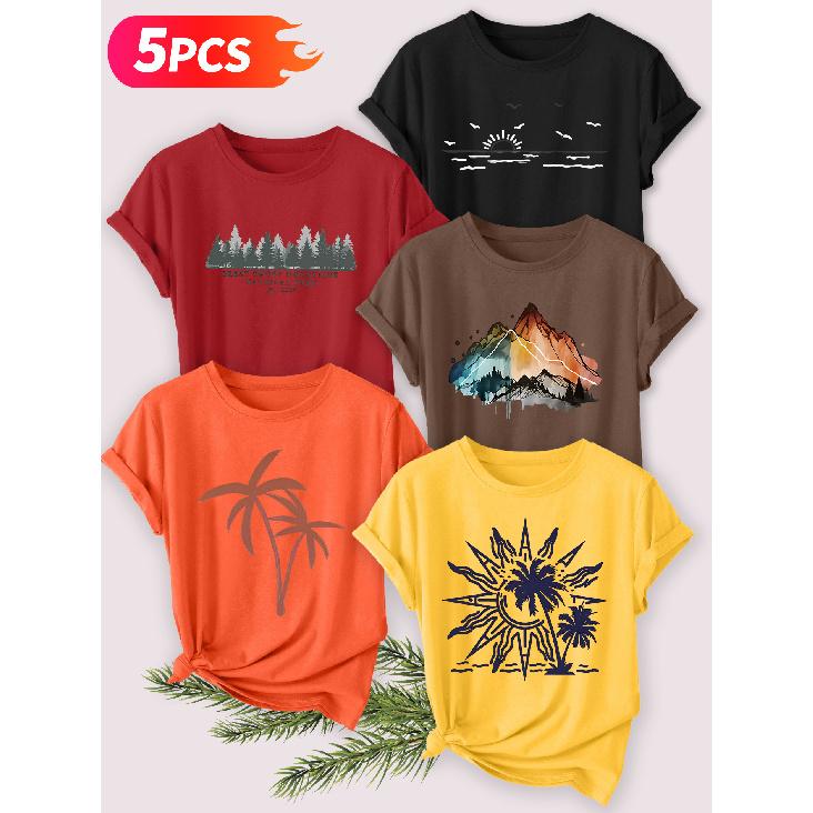 Five-piece set Elegant short-sleeved shirt for women Island Sunshine Series Printed Round Neck Women's Short Sleeve Shirt Suitable for Spring and