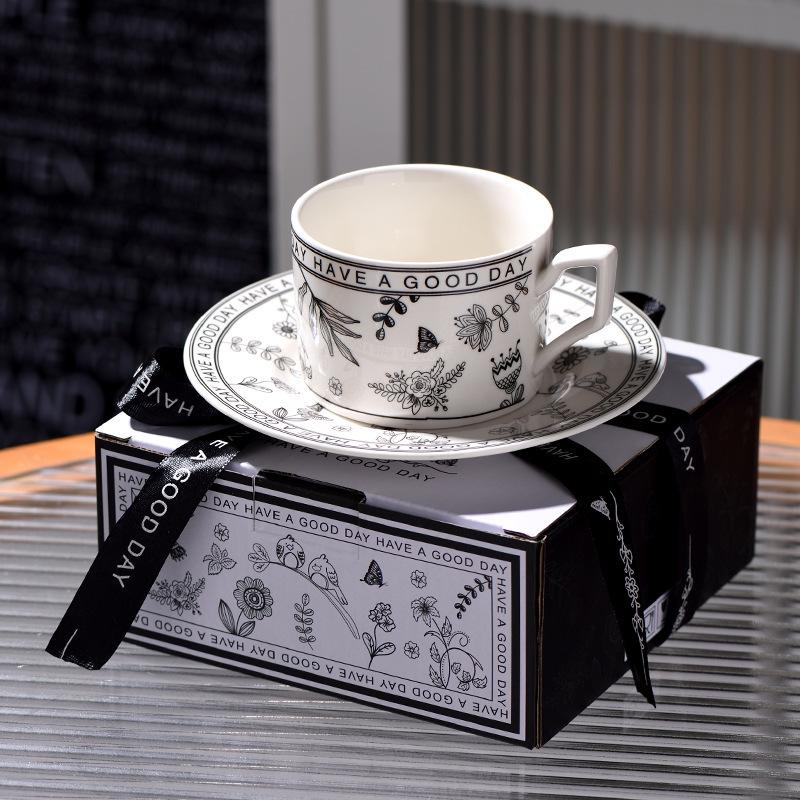 Exquisite Retro Floral Black & White Coffee Cup Set - Luxury Summer Gift Box