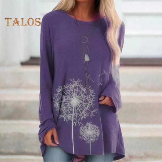 Tunique grande taille pour femme, imprimé pissenlit, chemise longue, col ras du cou, manches longues, pull-over, chemisier décontracté, coupe ample, pour le travail et la vie quotidienne