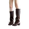 Französische Retro-Rundkopf-Riemen-Stapelstiefel Damen 2025 Herbst und Winter dünne plissierte vielseitige dicke Ferse hohe Stiefel Hosenstiefel