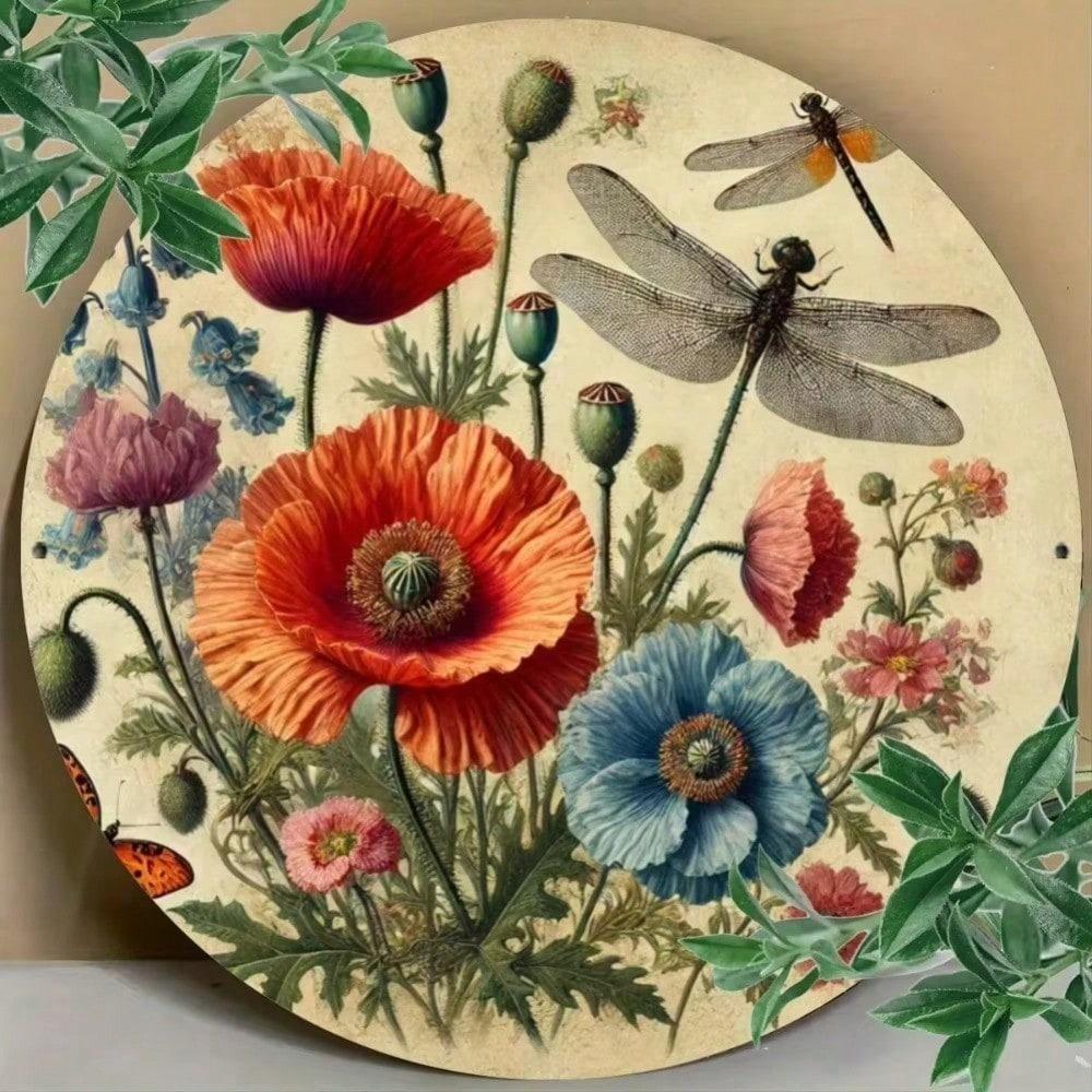 Spring Blossoms Dragonflies Metal Wall Art, Vintage Insect Decor for Living Room Bedroom Kitchen Bathroom
