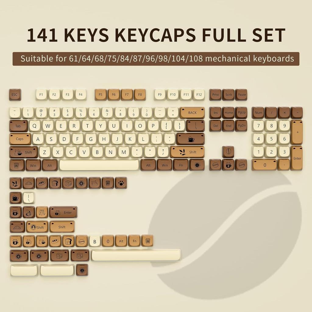 XVX Cat Pattern Keycap PBT Thick Mao 141 MX and for Mechanical Gaming Coffee Set, Profile, Keys, Dye-Sublimation Printing, Compatible, 60%, 75%, 96%,