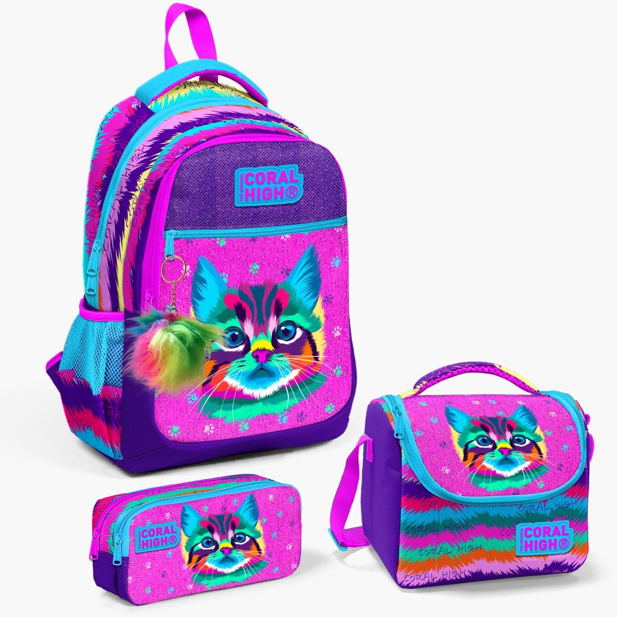 

Набор школьных сумок из 3 предметов Coral High Kids, фиолетовый, розовый, с рисунком кота SET0123477