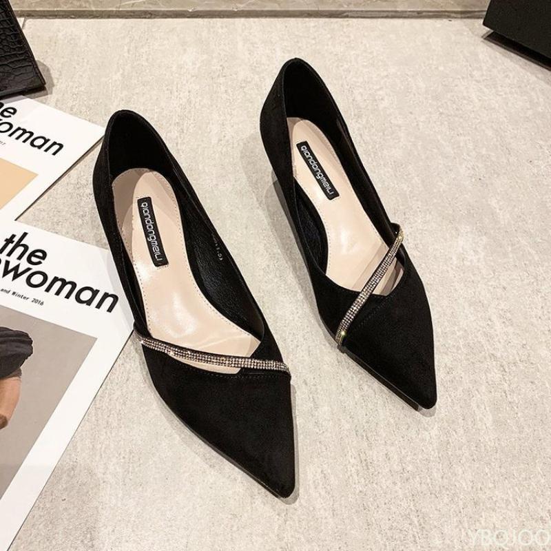 Fashion 2025 Women's One Word Oblique Strap New Pointed Low-heeled Shoes Ladies All-match Small Fresh Rhinestone Shoes Zapatos Pumps