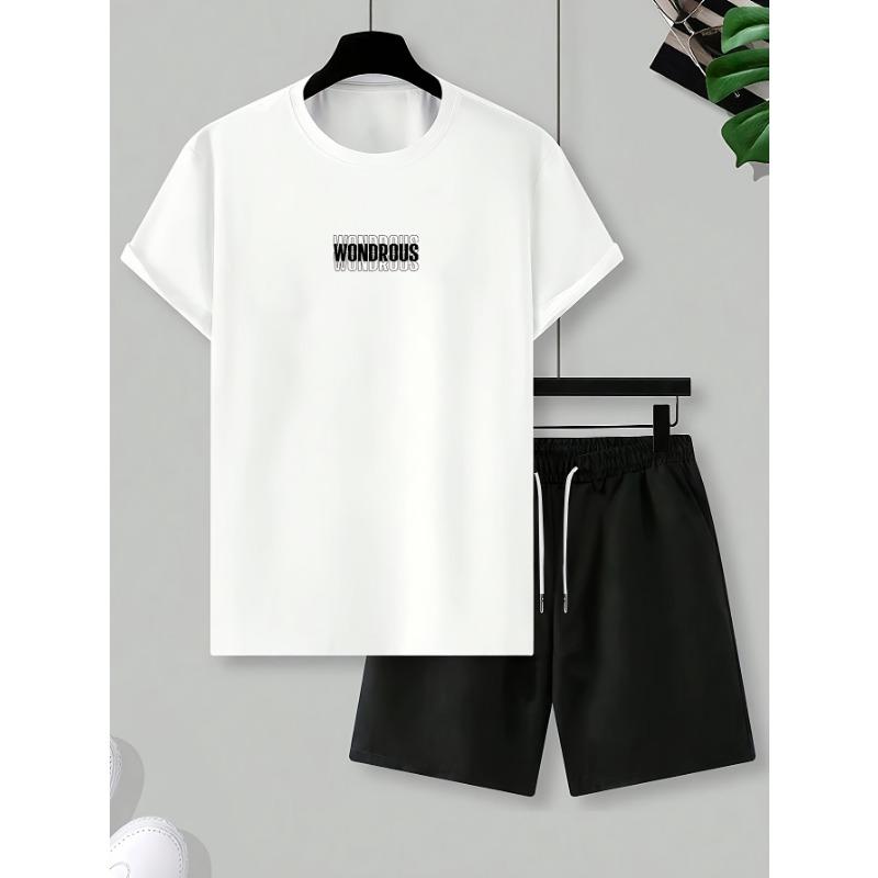 Men's casual sports suit: round neck, short sleeves, fashionable and simple letter geometric print