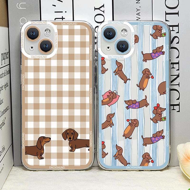 Cute Sausage Dog Animal Plaid Phone Case for IPhone 17 16 15 14 Plus 13 12 11 Pro Max Mini Dachshund Striped Printed Soft Cover