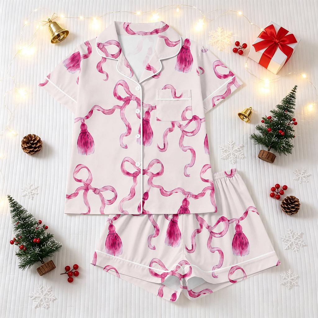 Women's Christmas Pajama Set Short Sleeve Button Down Shirt and Shorts Sleepwear