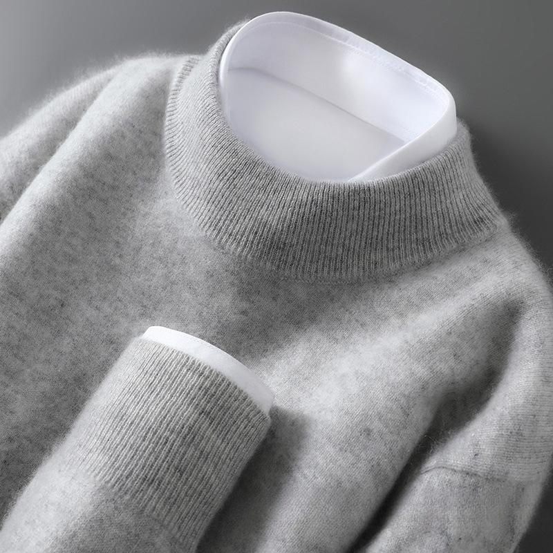 Men's Pure Wool Cashmere Knit Pullover - Autumn/Winter Half-High Neck Sweater