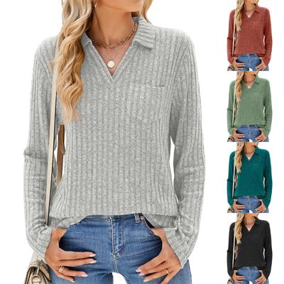 Damski Modny Jednolity Kolor Długi Rękaw Kołnierzyk Kieszeń Luźny T-shirt Top