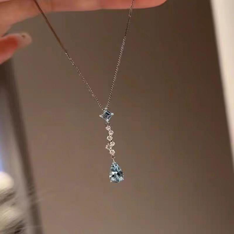 French blue water drop zircon pendant necklace women's cold feeling exquisite titanium steel clavicle chain