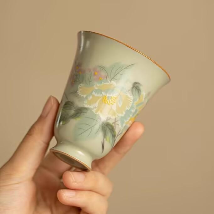Secret Color Yellow Ru Kiln Flower And Bird Picture Tea Cup Master Cup Tea Cup Ceramic Wind Chime Cup Chinese Kung Fu Tea Set Retro Style