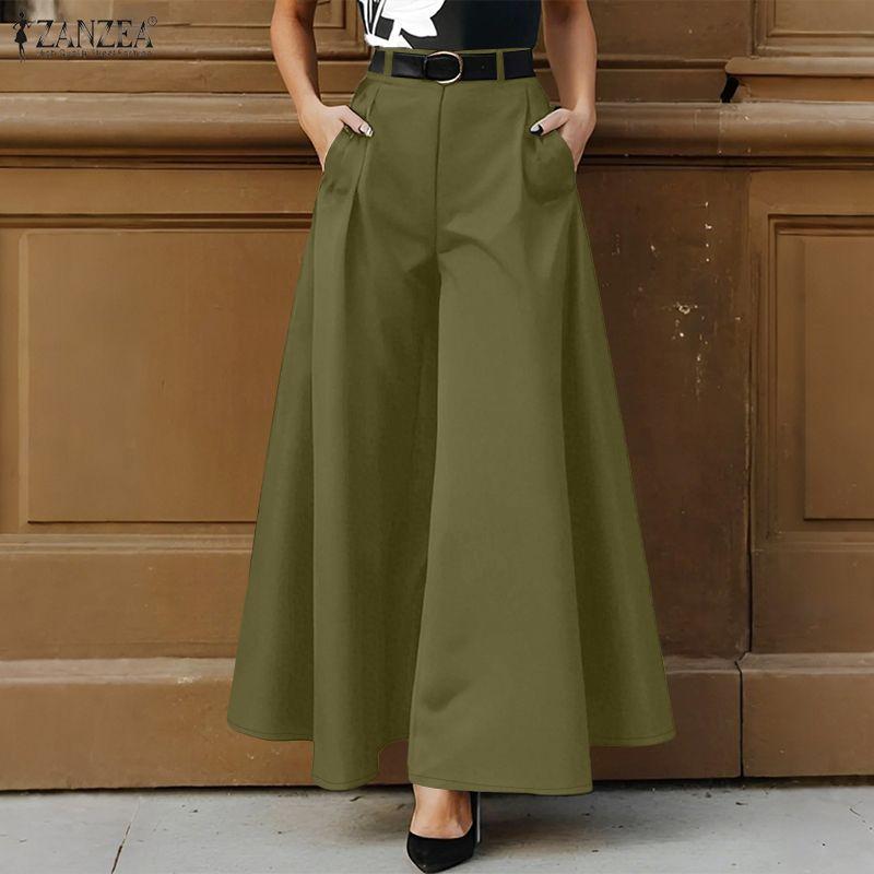 ZANZEA Womens Casual Solid Color Loose Wide Leg Pants