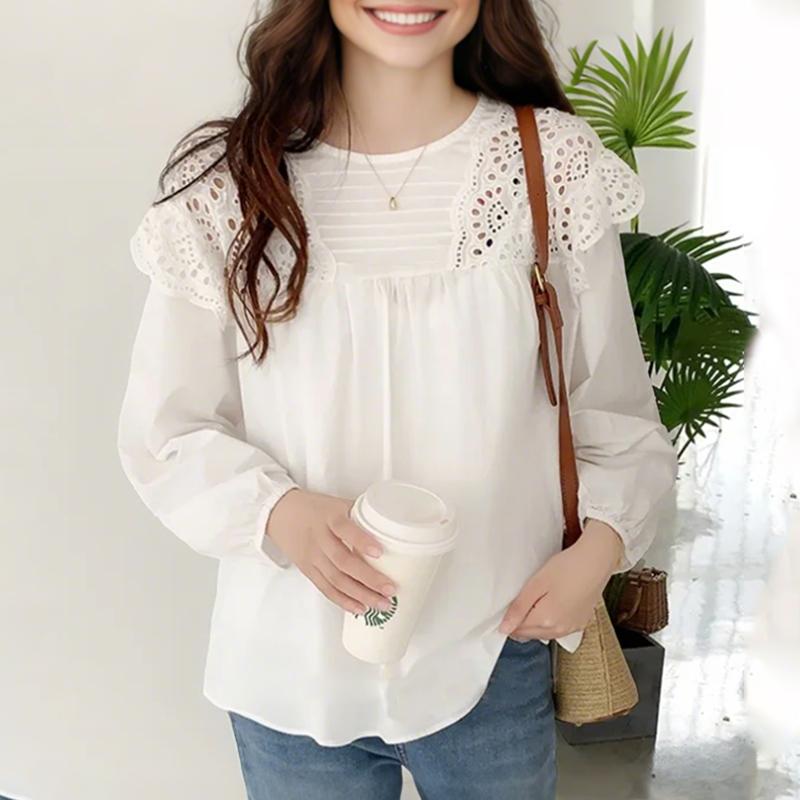 ZANZEA Women Casual Round Neck Long Sleeve Lace Crochet Splice Blouse