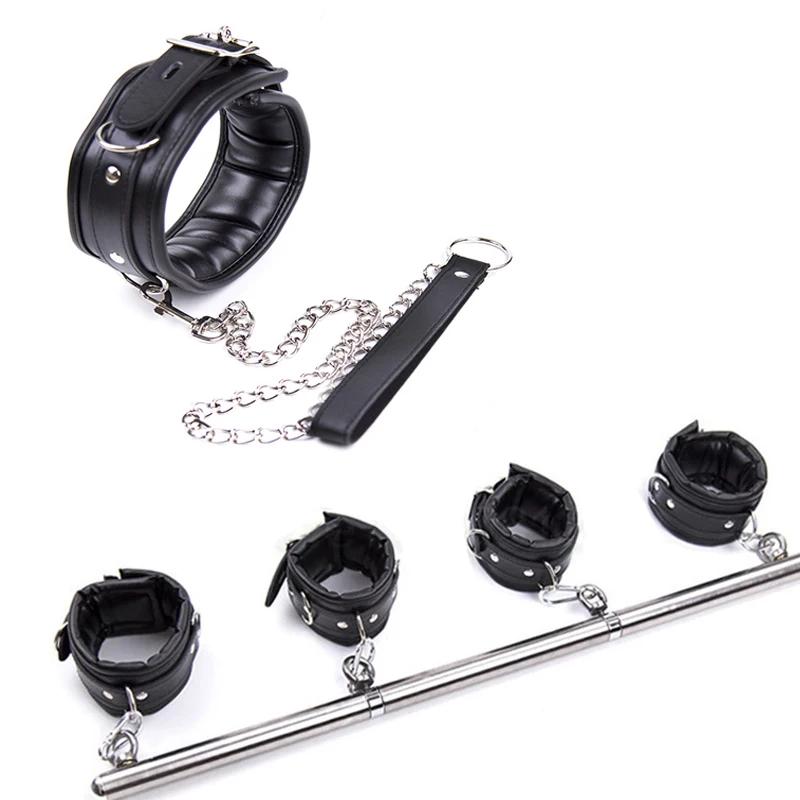 Stainless Steel Adjustable Open Leg Bar Handcuffs Ankle Cuffs Lockable Bondage Set Sex Slave Restraints Dog Collar Sex Toys